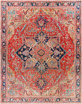 Detailed view of the Whittingham Area Rug. Features a traditional, oriental design in brick red, navy, tan, and cream colors. Design-Rectangle-7696