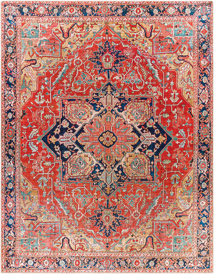 Detailed view of the Whittingham Area Rug. Features a traditional, oriental design in brick red, navy, tan, and cream colors. Design-Rectangle-7696