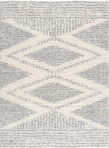Close-up of the Trunding Plush Area Rug in Gray, featuring a cream geometric diamond pattern and soft shag texture. Design-Rectangle-5373
