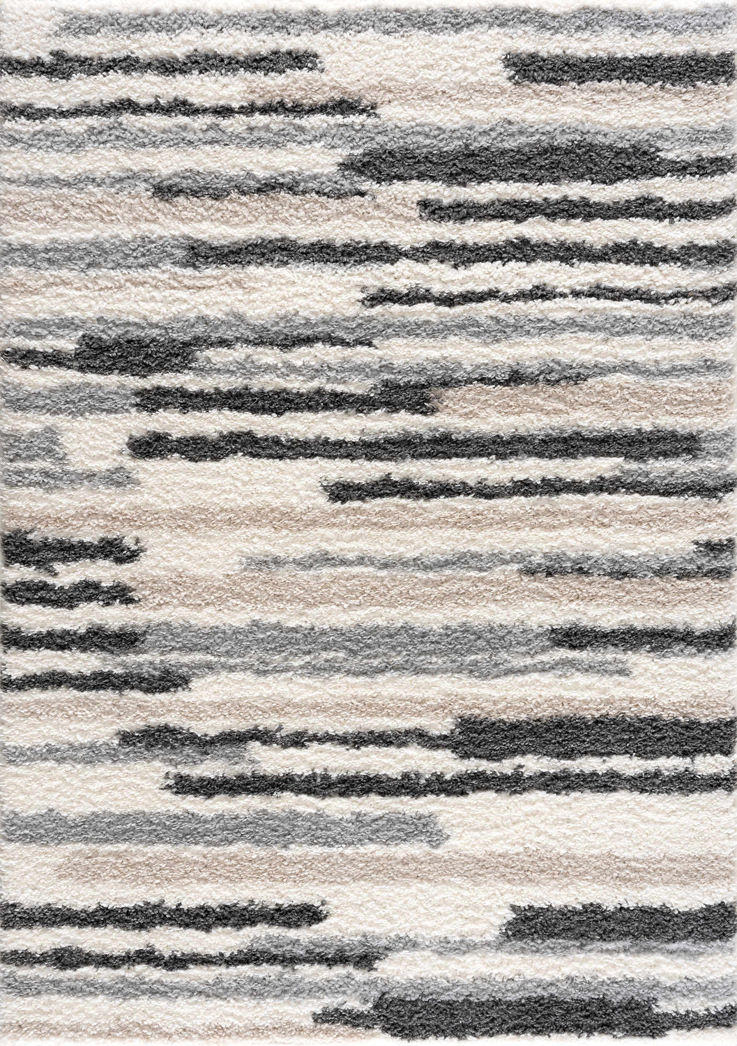 Close-up of the Zoya Irregular Striped Area Rug. Beige, cream, and gray shag rug with a contemporary striped design. Design-Rectangle-5373