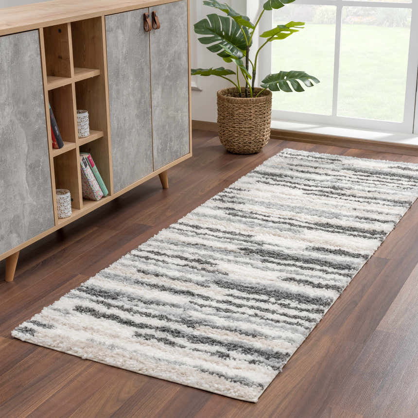 Entryway with wood floors and Zoya Irregular Striped Area Rug runner in beige, cream, and gray. Modern cabinet and plant. Roomscene-Runner
