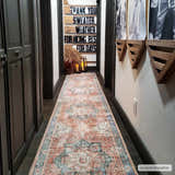 Hallway scene with a Rosman Distressed Washable Area Rug runner in beige, red, and blue. Dark wood floors and doors. Roomscene-Runner
