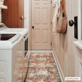 Laundry room with Rosman Distressed Washable Area Rug runner, beige walls, white washer, and tan door. Roomscene-Rectangle