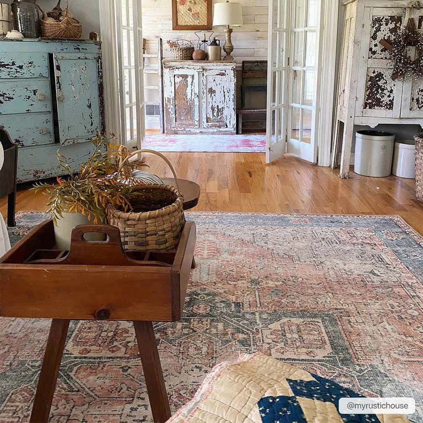 Farmhouse living room with a Rosman Distressed Washable Area Rug in beige, blue, and brick red tones. Roomscene-Rectangle