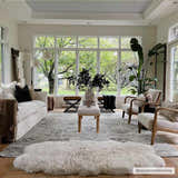 Light-filled living room with Georgiana Area Rug in beige and gray, white sofa, wood chairs, and large windows. Roomscene-Rectangle