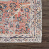 Close-up of the Urpi Rose & Blue Washable Area Rug showing its traditional Persian-style pattern and colors. Swatch
