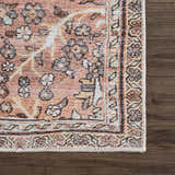 Close-up of the Flat Pile Urpi Red Washable Rug showing its Persian-style pattern and colors on a dark wood floor. Swatch
