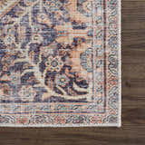 Close-up of the Konstantina Washable Area Rug showing its Persian-style pattern and colors like navy, peach, and aqua. Swatch