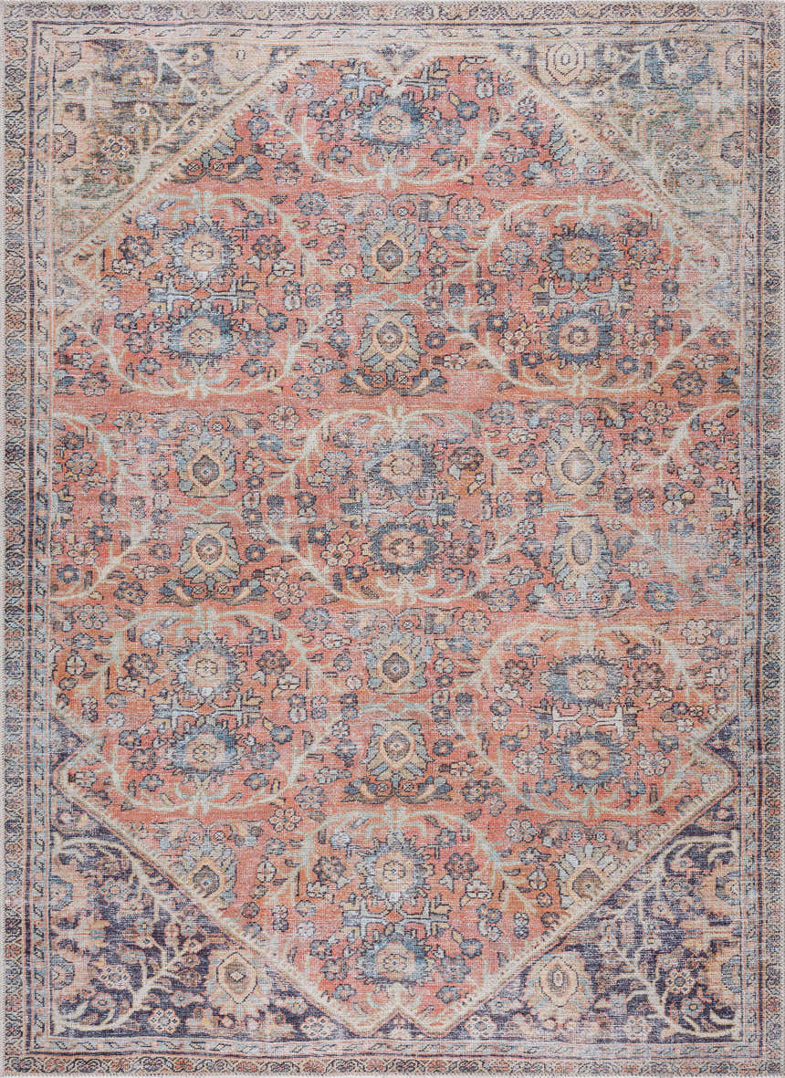 Close-up of the Konstantina Washable Area Rug. Features a vintage Persian pattern in peach, blue, beige, and navy. Design-Rectangle