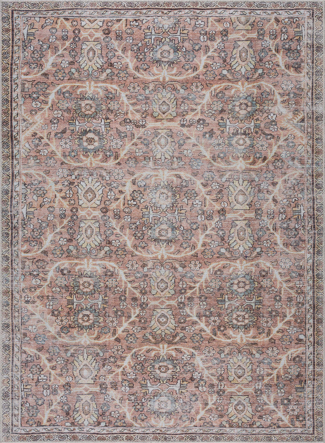 Detailed view of the Flat Pile Urpi Red Washable Rug, featuring a traditional Persian-style floral pattern in red, beige, and brown tones. Design-Rectangle-679