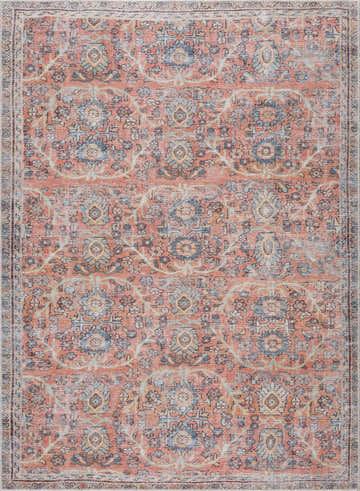 Close-up of the Urpi Rose & Blue Washable Area Rug. Features a traditional Persian floral pattern in rose, blue, and cream. Design-Rectangle