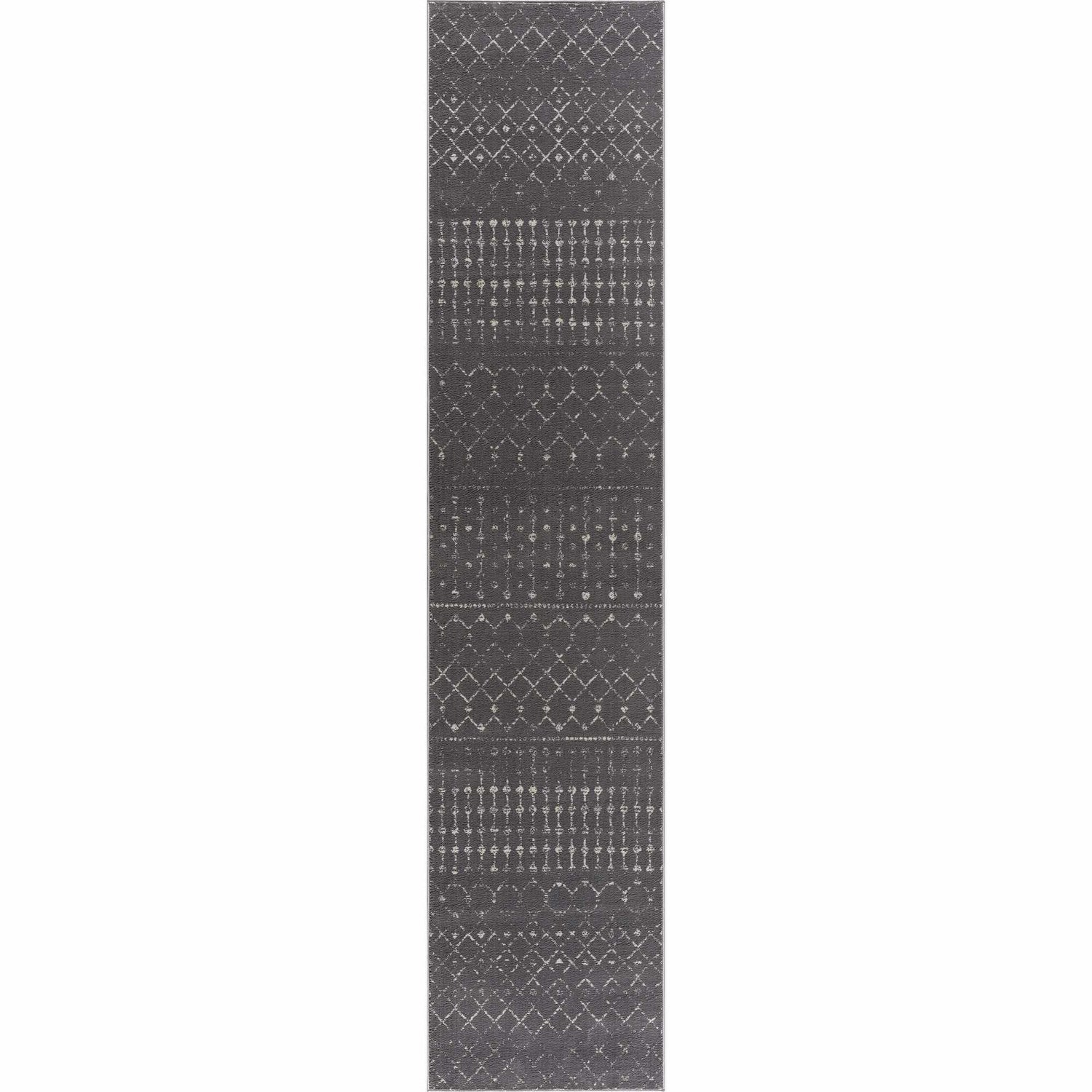 Close-up of Tigrican Charcoal 2329 Area Rug. Black rug with ivory geometric Moroccan-inspired pattern. Design-Runner