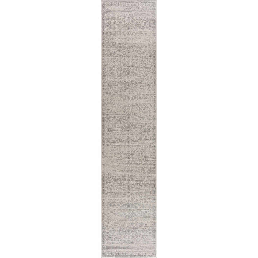Close-up of Tigried Ivory & Gray 2323 Area Rug, featuring a traditional, distressed gray and ivory pattern. Design-Runner