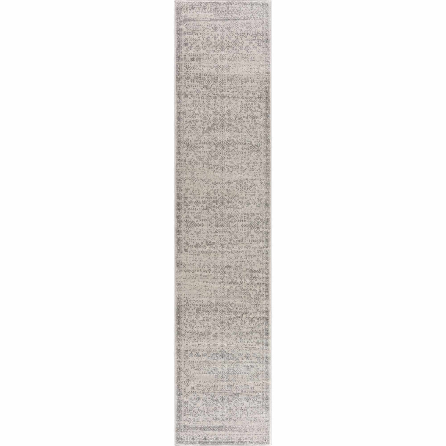 Close-up of Tigried Ivory & Gray 2323 Area Rug, featuring a traditional, distressed gray and ivory pattern. Design-Runner