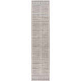 Close-up of Tigri Aztec Ivory & Gray rug. Runner rug with farmhouse style design and gray and ivory horizontal stripes. Design-Runner
