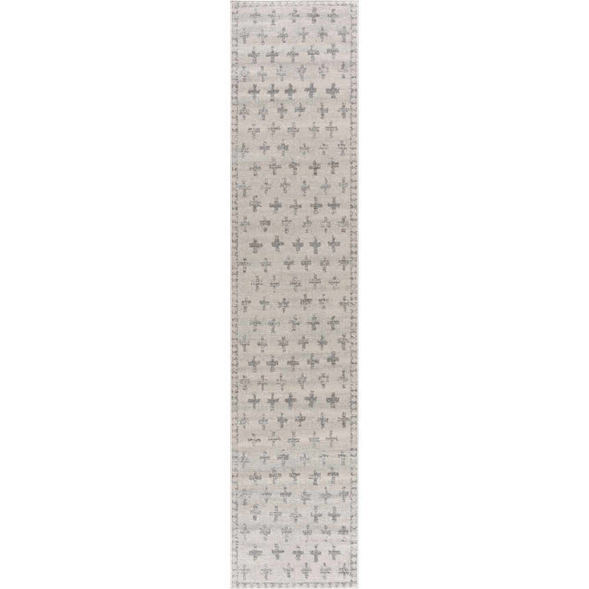 Close-up of Tigris Swiss Cross Ivory&Gray Area Rug. Runner rug with a geometric Swiss cross pattern in gray on an ivory background. Design-Runner