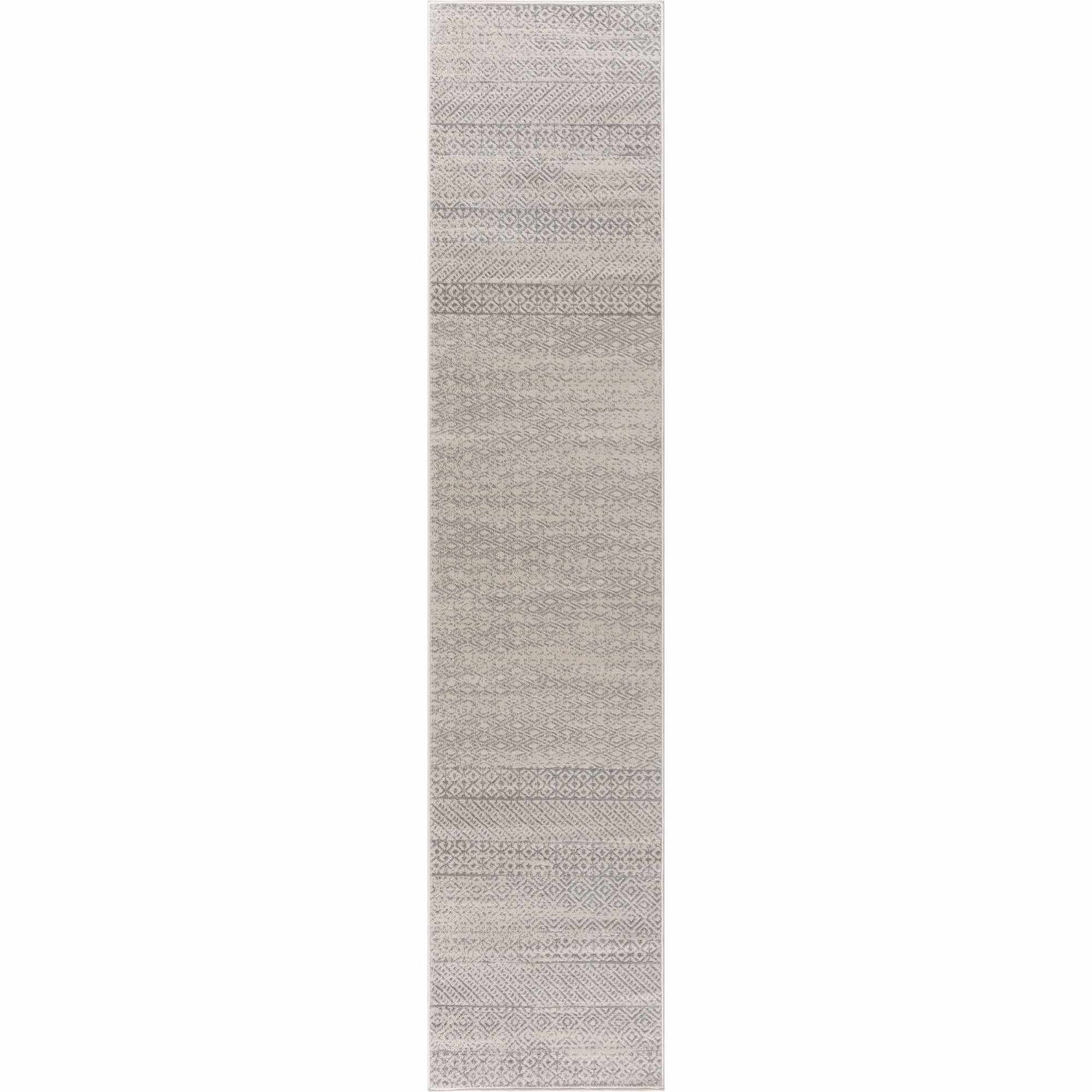 Close-up of Tigri Aztec Ivory & Gray rug. Contemporary runner with geometric diamond and stripe pattern. Design-Runner