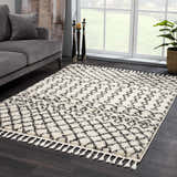 Living room scene with a gray sofa and Muni Berber Shag Rug in charcoal and light beige with tassels. Roomscene-Rectangle