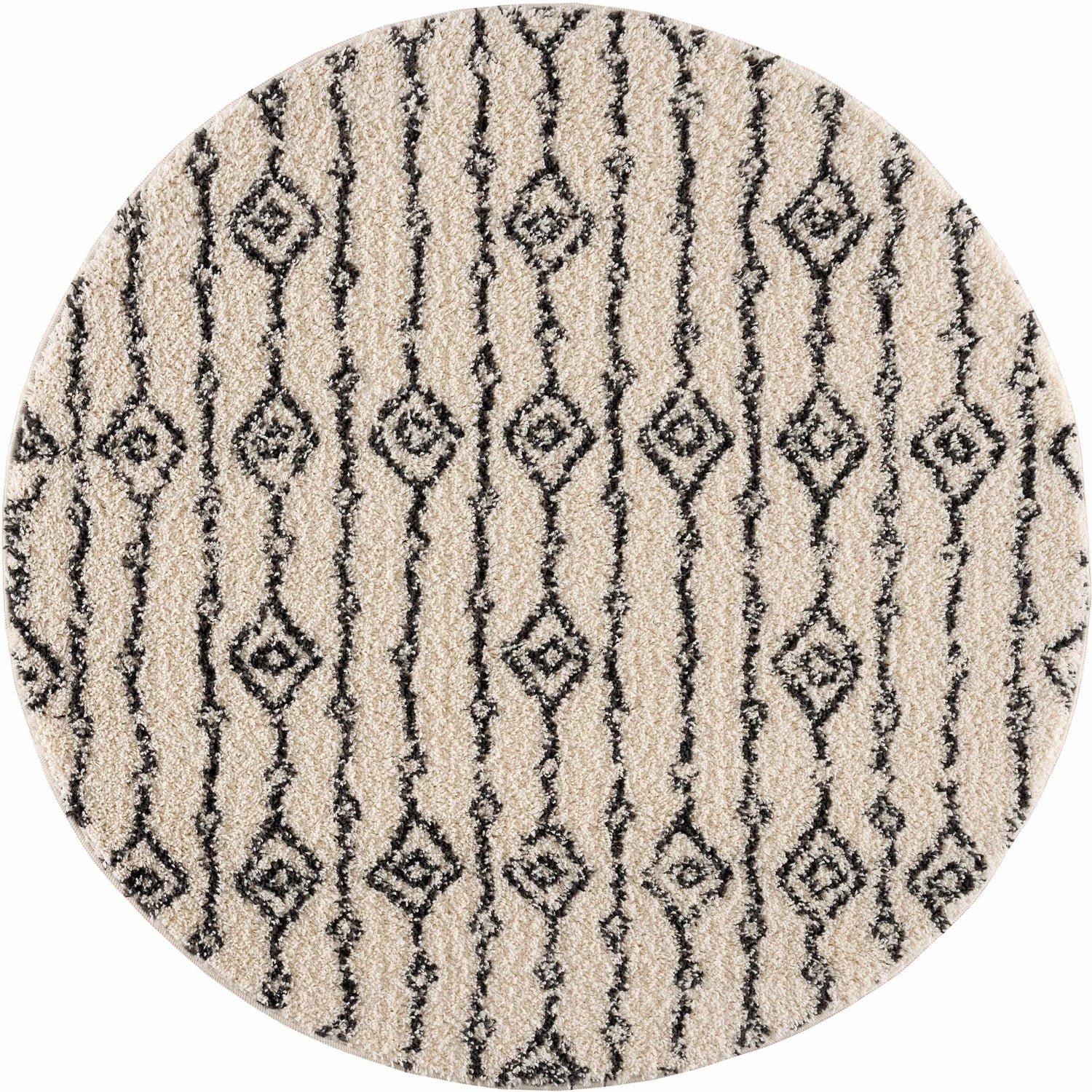 Round Bayanga area rug with a shag texture and a charcoal diamond pattern on a light gray background. Design-Round
