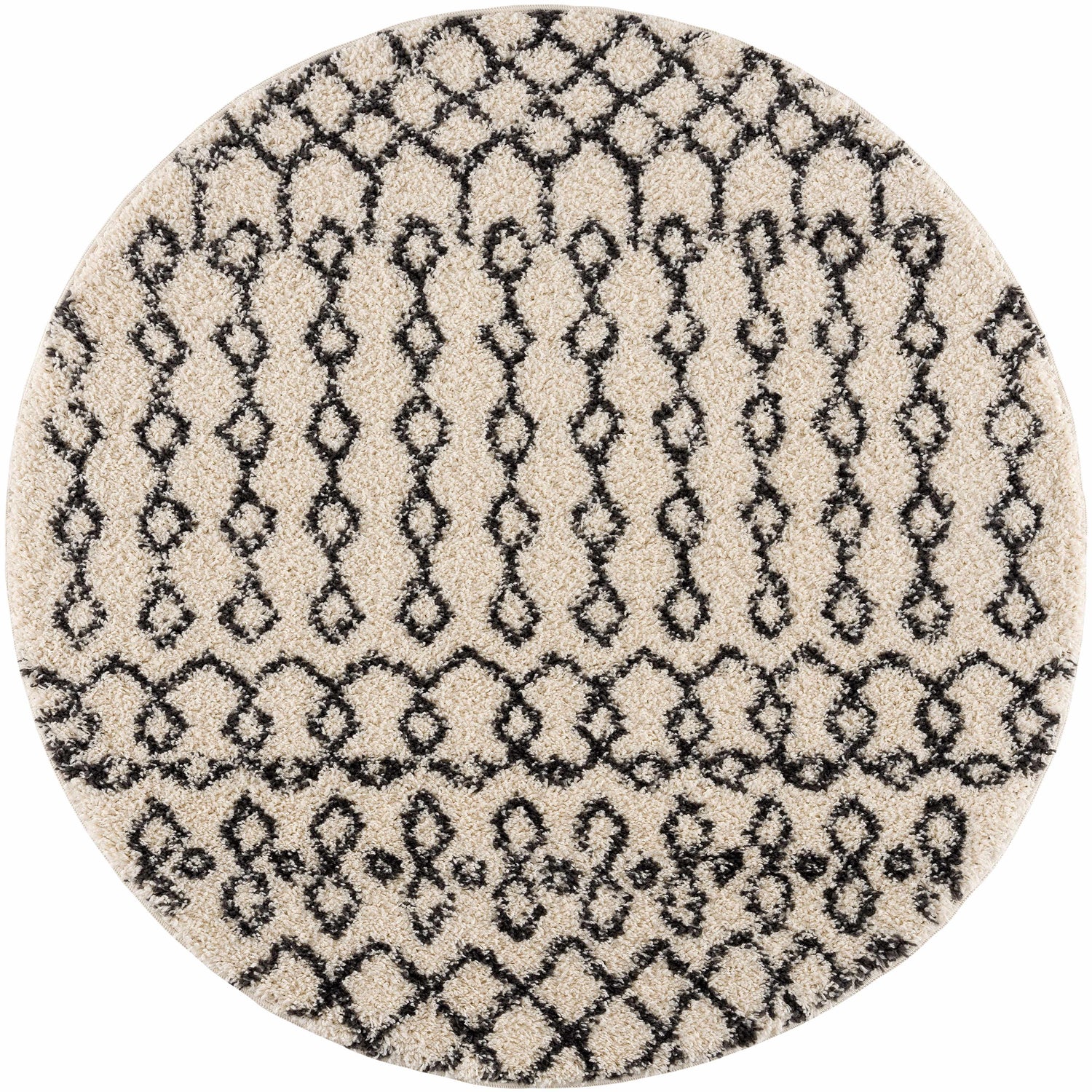 Round Muni Berber Shag Rug in light beige and charcoal, featuring a geometric Moroccan-inspired pattern. Close-up product shot. Design-Round