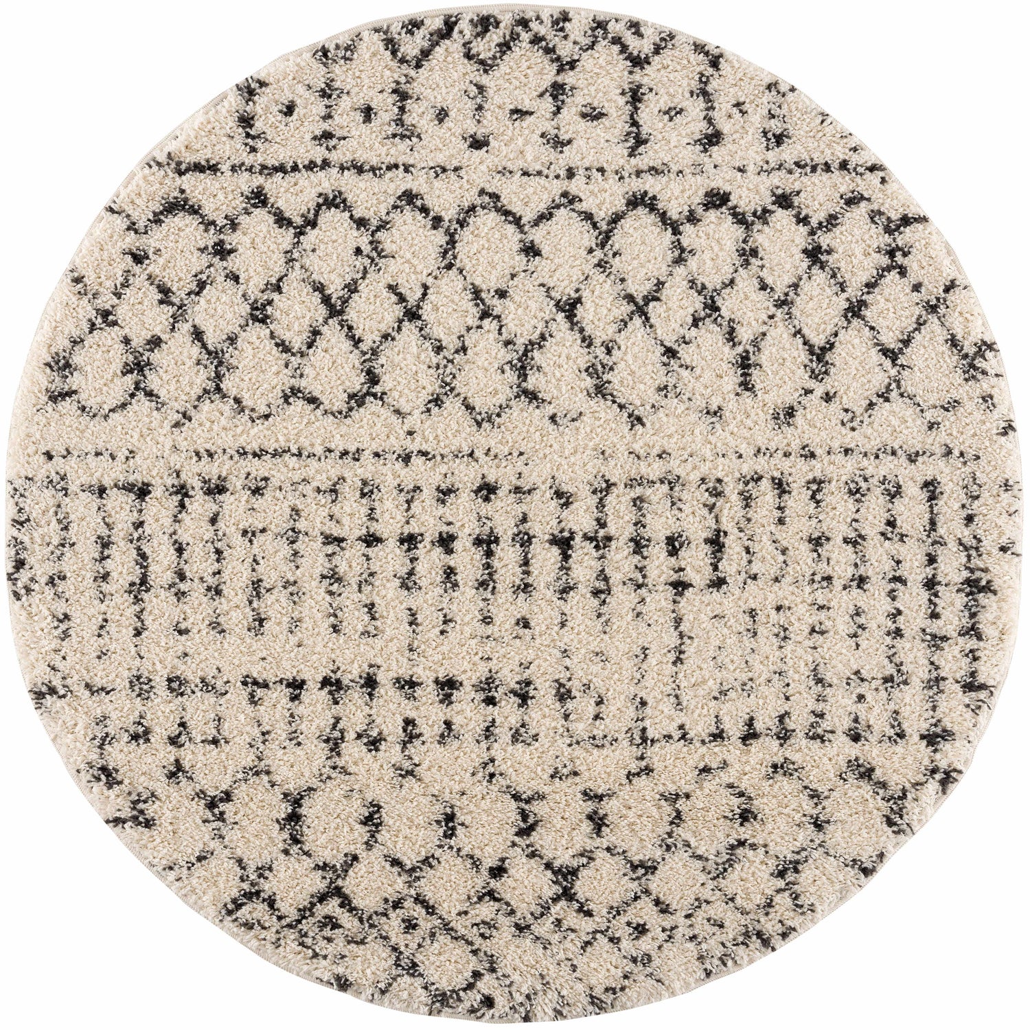 Round Kibureau Area Rug: beige shag rug with charcoal Moroccan-inspired geometric pattern. Design-Round