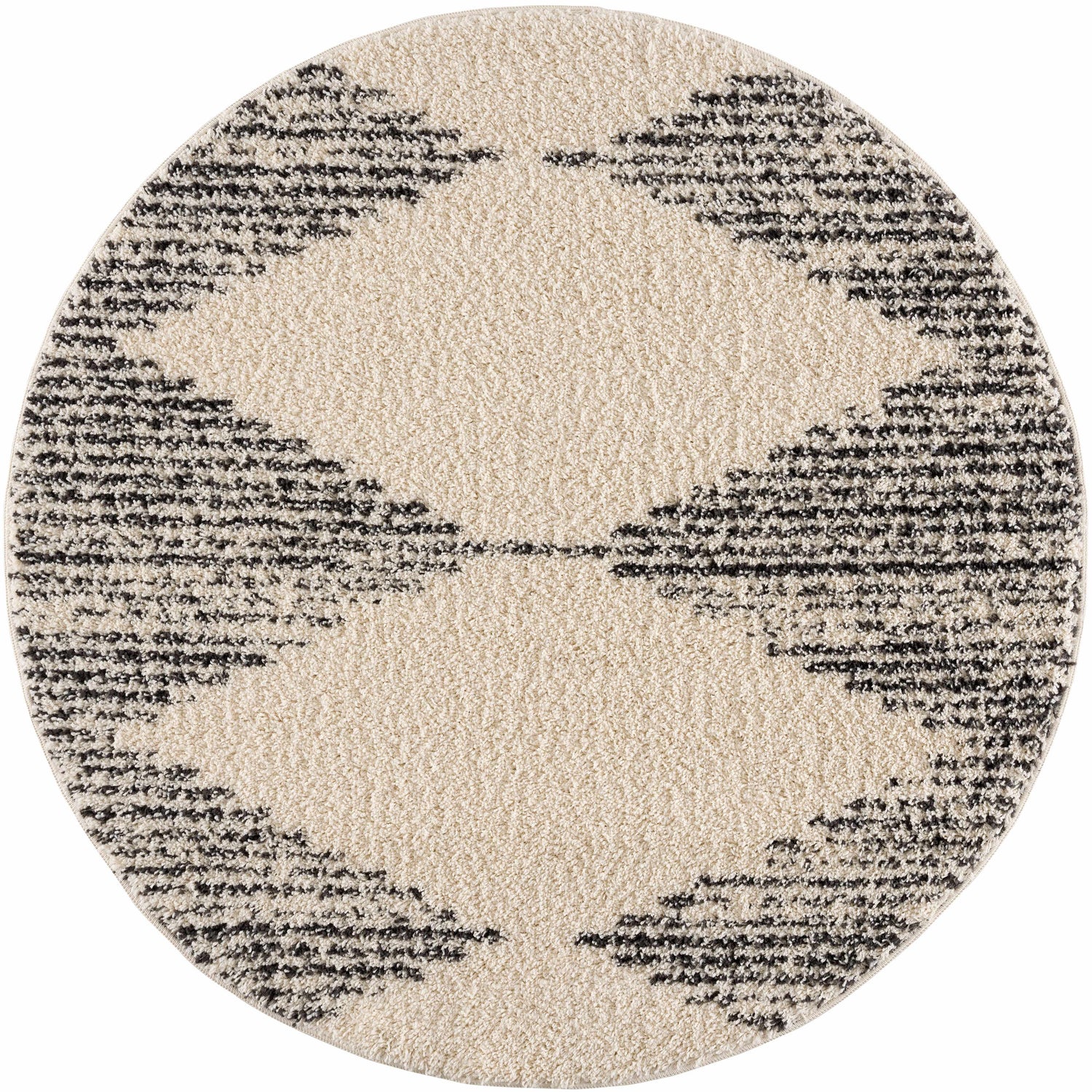 Round Howth Area Rug close-up. Bone shag rug with dark gray Moroccan-inspired diamond pattern. Design-Round