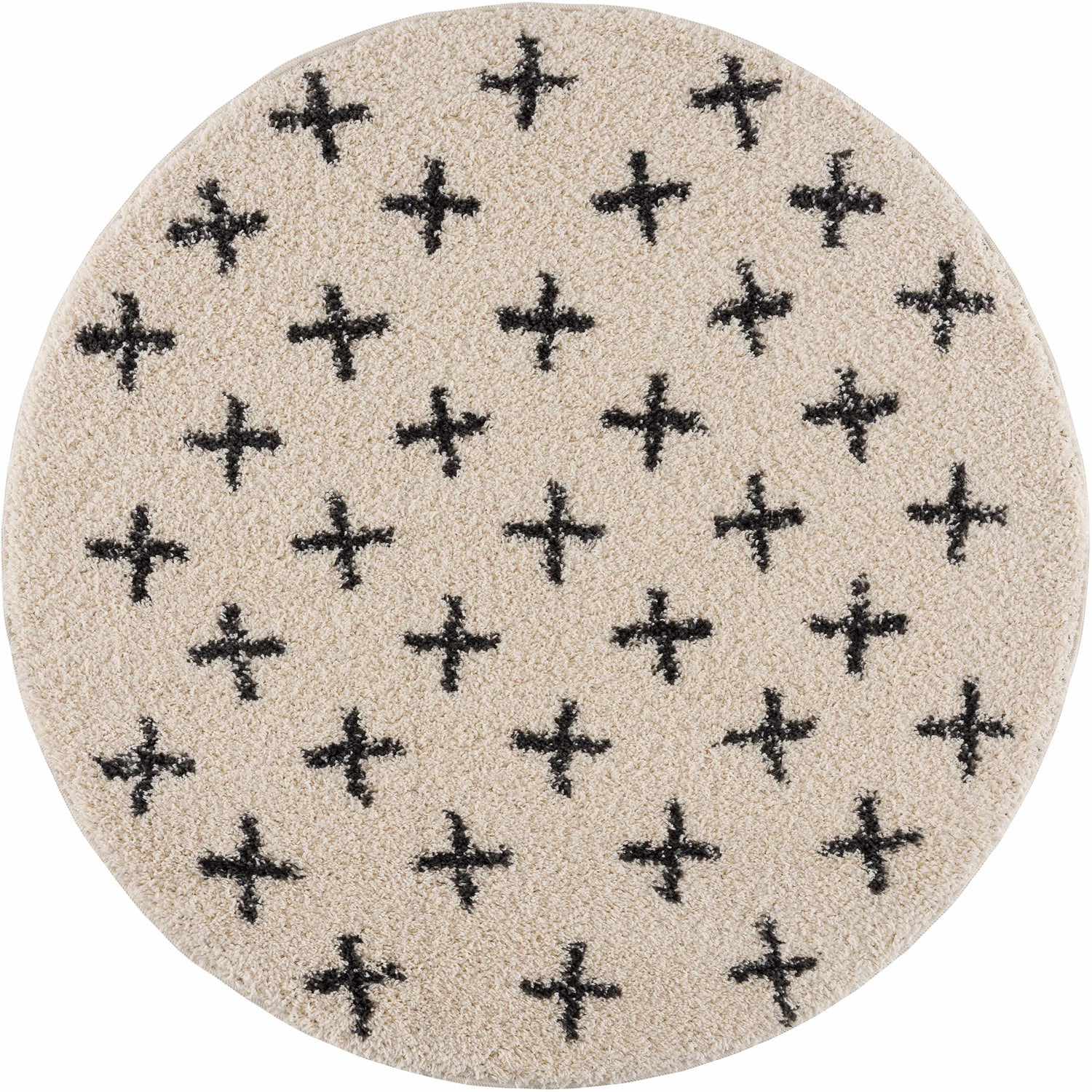 Close-up of round Alstead Shag Area Rug. Beige shag rug with charcoal plus sign pattern. Bohemian style. Design-Round
