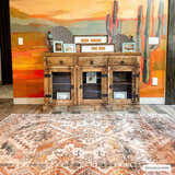 Living room scene with Southwestern decor and Isugod Washable Area Rug in beige, brick red, and black. Rustic wood console table. Roomscene-Rectangle