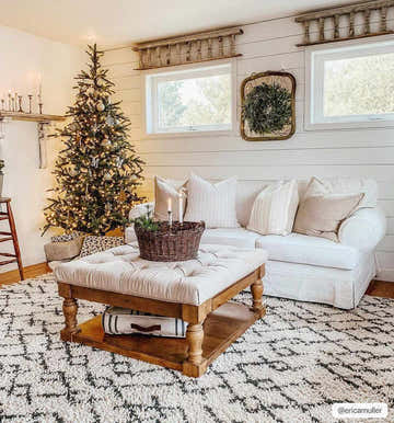 Cozy living room with Christmas tree and Pahala Moroccan Shag Area Rug in charcoal and beige. Roomscene-Rectangle
