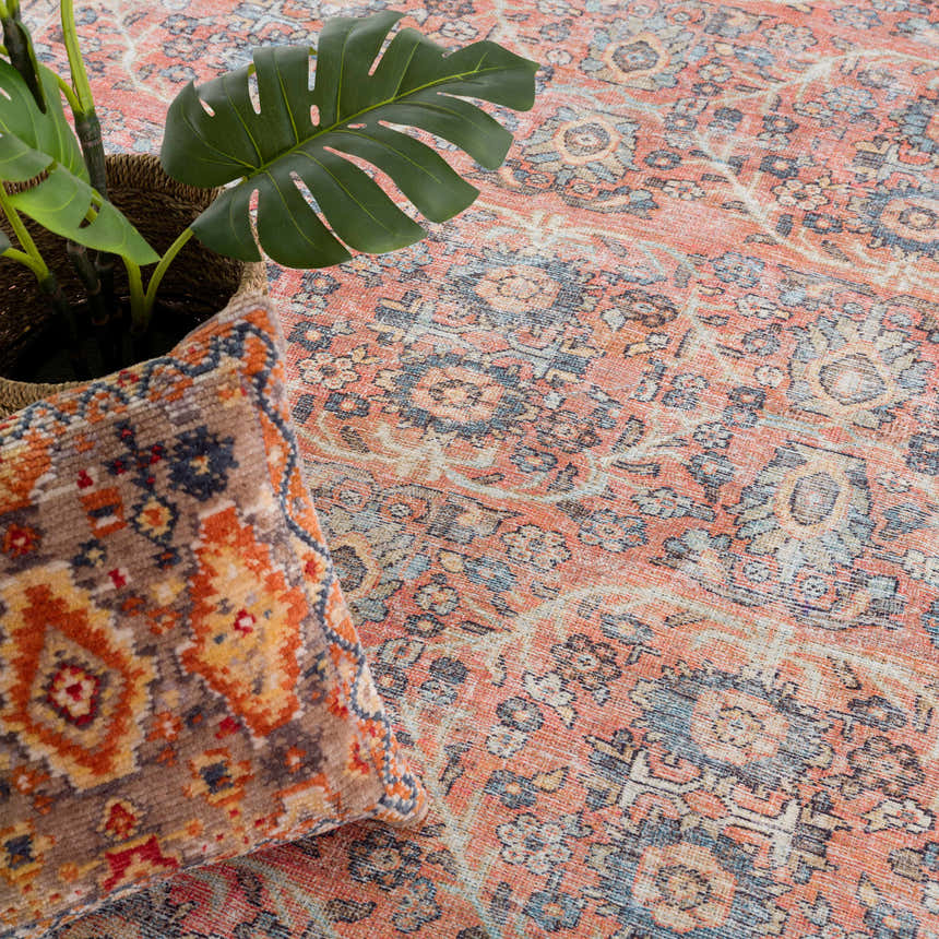 Close-up of the Konstantina Washable Area Rug in peach, blue, and beige. Vintage Persian style rug with a potted plant and pillow. Styleshot