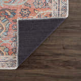 Close-up of Urpi Rose & Blue Washable Area Rug showing Persian-style design, rose, blue, and cream colors, and non-slip backing. Fold