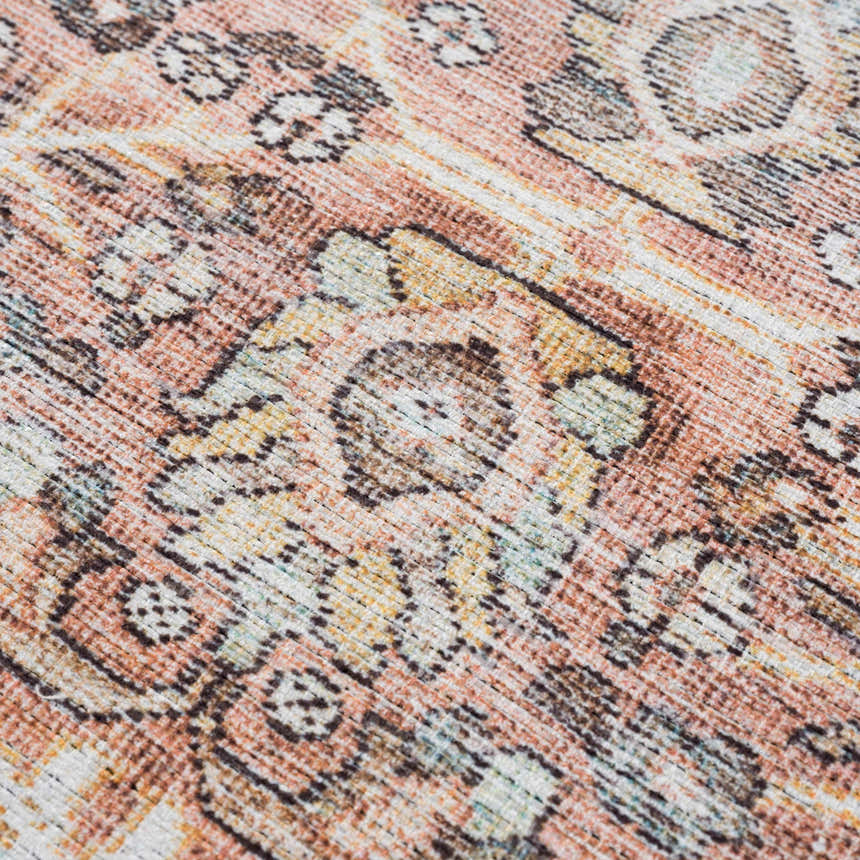 Close-up of the Flat Pile Urpi Red Washable Rug showing its Persian-style pattern and texture in red, beige, and brown tones. Texture