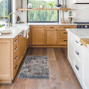 Light wood kitchen with the Netherfield Abstract Gray Rug in front of the sink. Roomscene-Rectangle