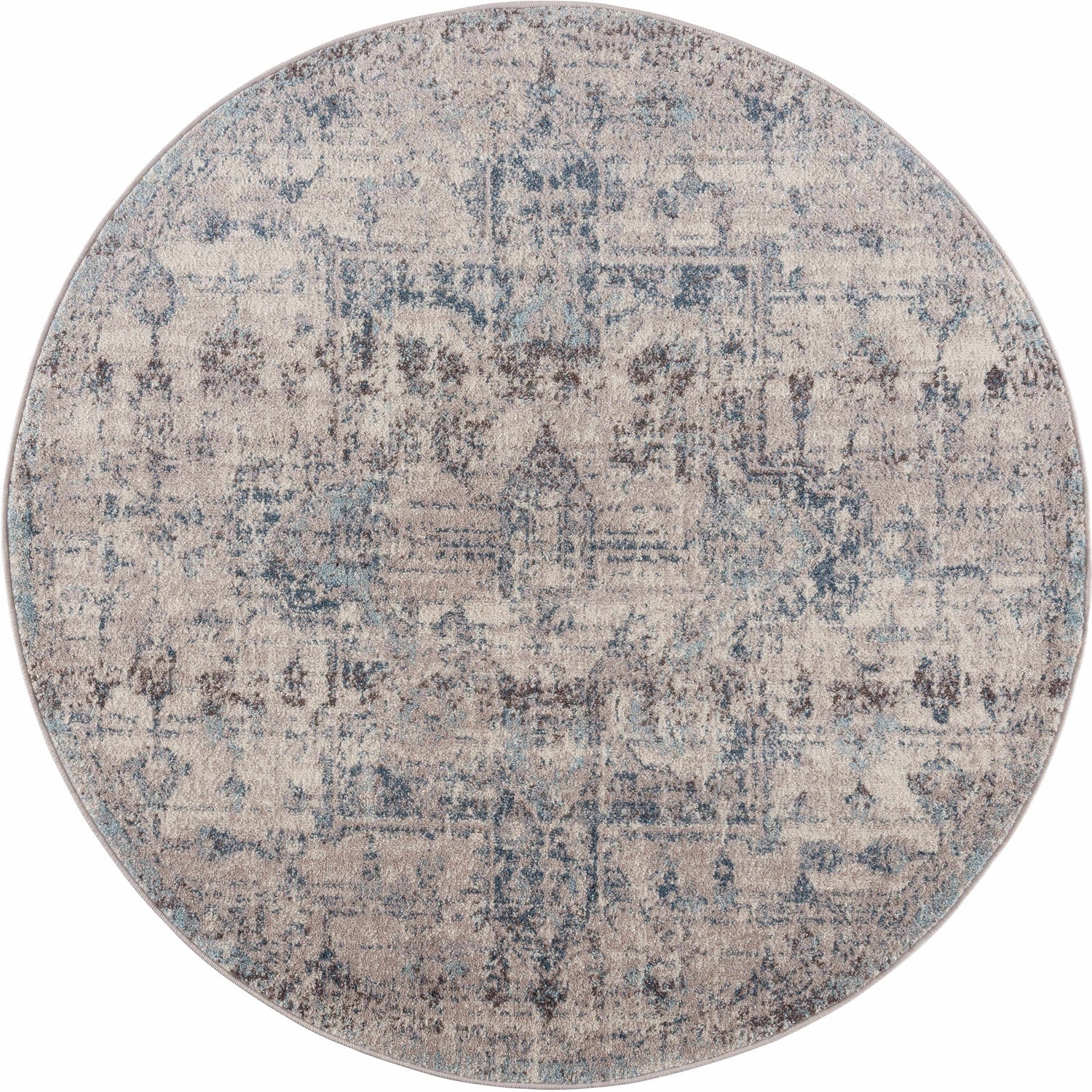 Round Orrick Area Rug with a traditional oriental design in cream, blue, and brown tones. Design-Round-53