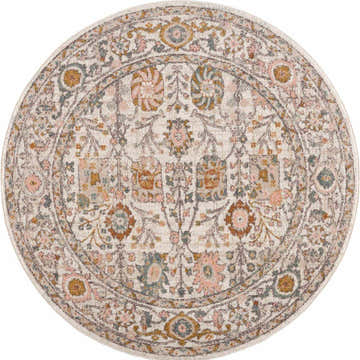 Close-up of round Herstmonceux Area Rug. Features a traditional floral pattern in camel, pink, blue, and off-white hues. Design-Round-67