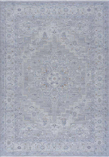 Close-up of the Earlsfield Thick Luxe Statement Rug. Features a traditional Oriental pattern in shades of blue, gray, and white. Design-Rectangle-6796