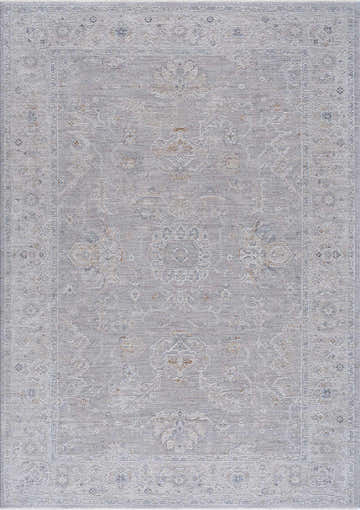 Close-up of the Tahmoor Thick Luxe Area Rug, a machine-woven rug with a traditional Persian-inspired pattern in beige, gray, and white. Design-Rectangle-6796