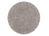 Close-up of a round Mangham Thick Luxe Area Rug. Features an oriental pattern in light gray, beige, and rust tones. Design-Round-67