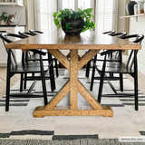 Farmhouse dining room with wood table, black chairs, and Aibonito Hand Tufted Wool Area Rug in a geometric black and beige pattern. Roomscene-Rectangle