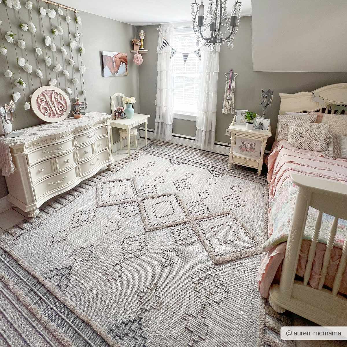 Light gray kids bedroom with white furniture and the Amaga High-Low Rustic Rug in charcoal, cream, and peach tones. Roomscene-Rectangle