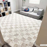 Kids room with Atira Light Brown Checkered Area Rug, gray modular sofa, bookcase, and football decor. Roomscene-Rectangle