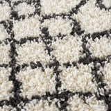 Close-up of the Muni Berber Shag Rug, featuring a charcoal geometric pattern on a light beige, high-pile shag texture. Texture