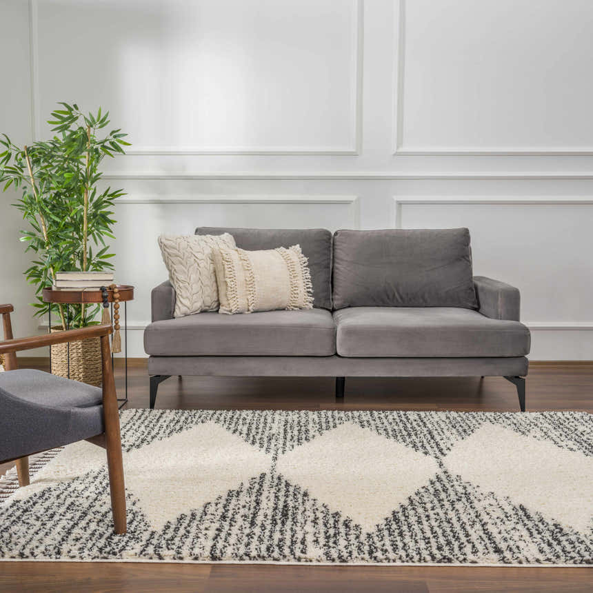 Living room scene with gray sofa, chair, and Howth Area Rug in bone and dark gray. Roomscene-Rectangle
