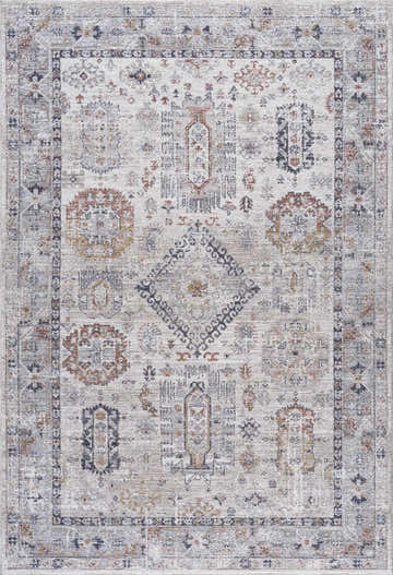 Close-up of Kamau Area Rug, light gray and natural gray polyester with a farmhouse-style geometric pattern. Design-Rectangle-575