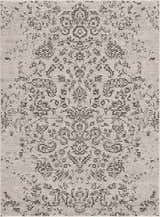 Close-up of the Paicines Area Rug. Charcoal floral pattern on a light beige background with subtle horizontal texture. Design-Rectangle-5373
