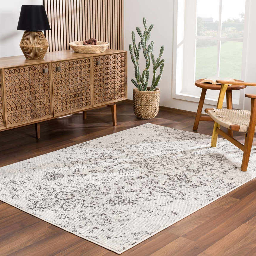 Living room scene with Paicines Area Rug in light beige and charcoal, styled with wood furniture and a cactus. Roomscene-Rectangle