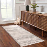 Entryway with Lave Bone & Taupe Area Rug runner, wood console table, lamps, and decor on dark wood floors. Roomscene-Runner