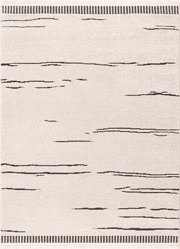 Close-up of the Aulii Area Rug in bone, featuring a minimalist design with horizontal black line accents and striped borders. Design-Rectangle-46