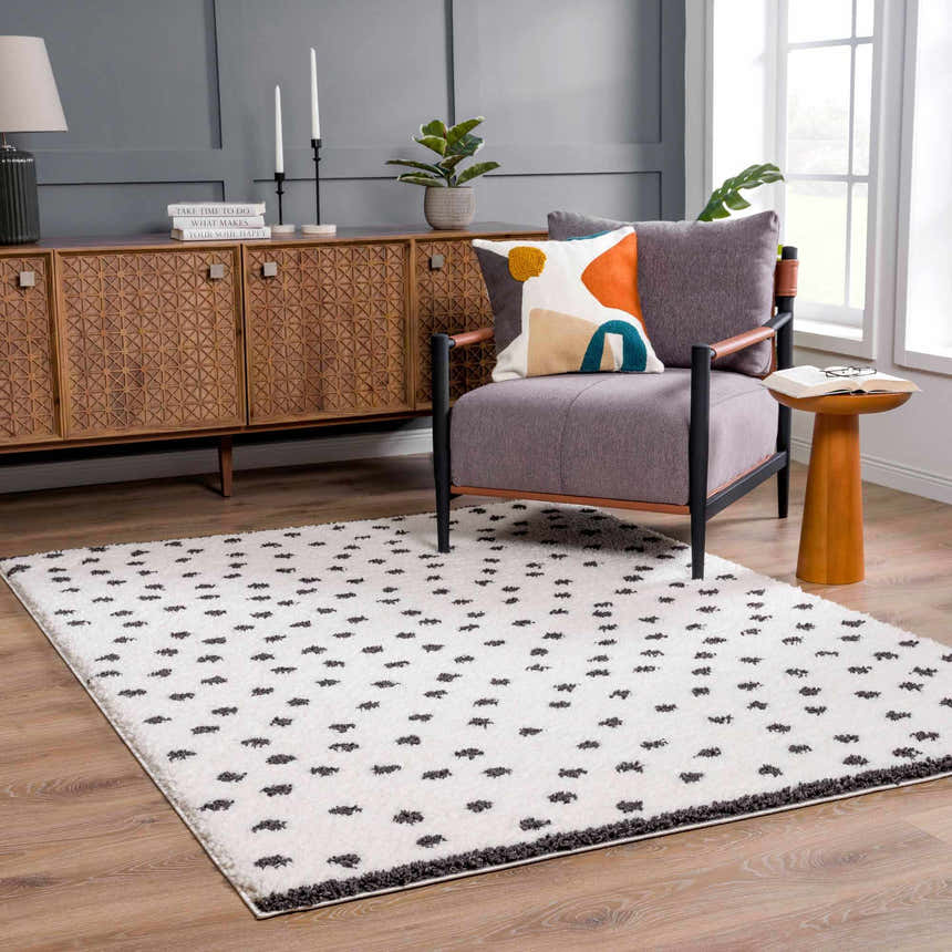 Living room scene with a Chaia Dotted Black & White Plush Rug, gray chair, and wood cabinet. Contemporary style. Roomscene-Rectangle