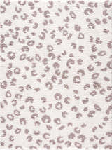 Close-up of Zhen Pink Spots Leopard Rug, featuring a soft, textured shag and a subtle pink and brown leopard print on off-white. Design-Rectangle-5373